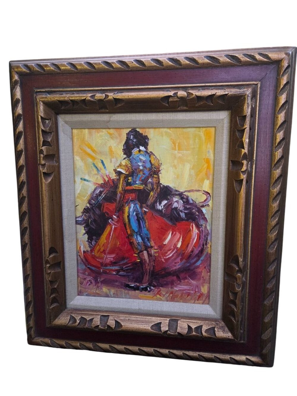 Vintage MCM Spanish Matador W/ Bull Impasto Oil Painting Framed